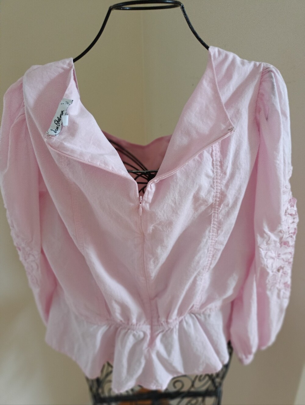 Sam Edelman Lace Detail 3/4 Sleeve Peplum Cotton Blouse Back Zipper siz L Pink - Picture 4 of 16